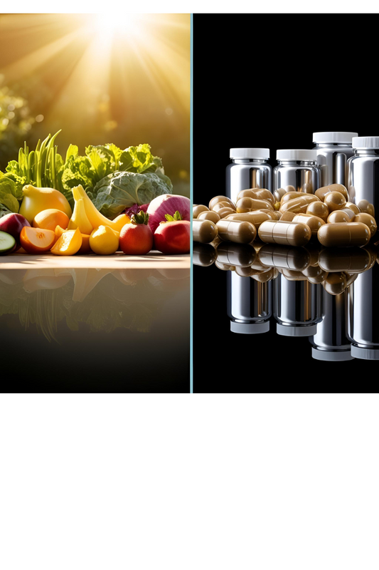 Picture of the sun shining on fruits and vegetables juxtaposed with supplement capsules and bottles