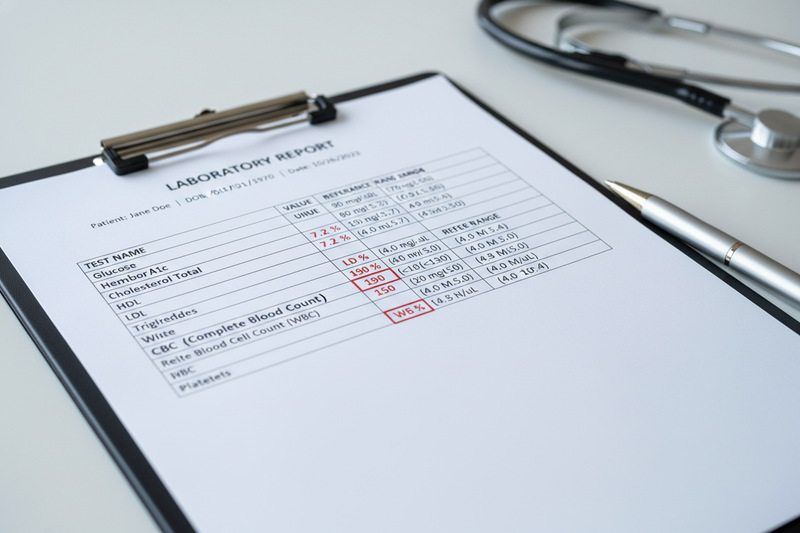 how about a clipboard with lab results on it, some normal in black some abnormal in red